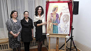 Marina with Serbian charge d'affaires Mirjana Sesum-Curcic and Indonesian Ambassador Dienne H. Moehario, unveiling the portrait of Carica Milica, Vernissage, 05.03.14